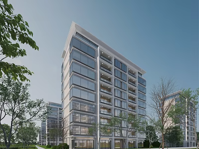 Modern High Rise Residential Building With Glass Curtain Walls And Lush Green Surroundings 3d model