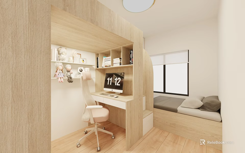 Modern Minimalist Kids Room Interior With Wooden Desk Chair Bed And Stuffed Toys 3d model 