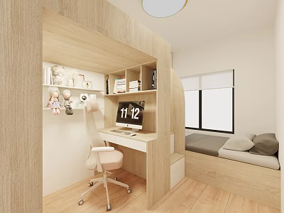 Modern Minimalist Kids Room Interior With Wooden Desk Chair Bed And Stuffed Toys 3d model