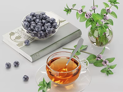 Elegant Ceramic Teacup Set with Blueberries Mint Leaves and Flowers on Open Book 3d model