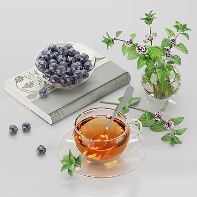 Elegant Ceramic Teacup Set with Blueberries Mint Leaves and Flowers on Open Book 3d model