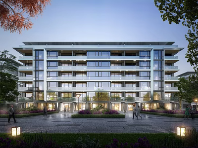 Modern Residential Building with Glass Windows Balconies Greenery Trees and Pedestrians 3d model