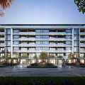 Modern Residential Building with Glass Windows Balconies Greenery Trees and Pedestrians