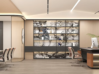 Modern Luxury Executive Office Interior With Large Marble Display Cabinet And Comfortable Ergonomic Furniture 3d model