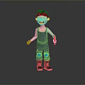 Cartoon Boy With Blue Overalls Goggles Mechanical Arm Blue Knee Pads Sneakers And Red Tool
