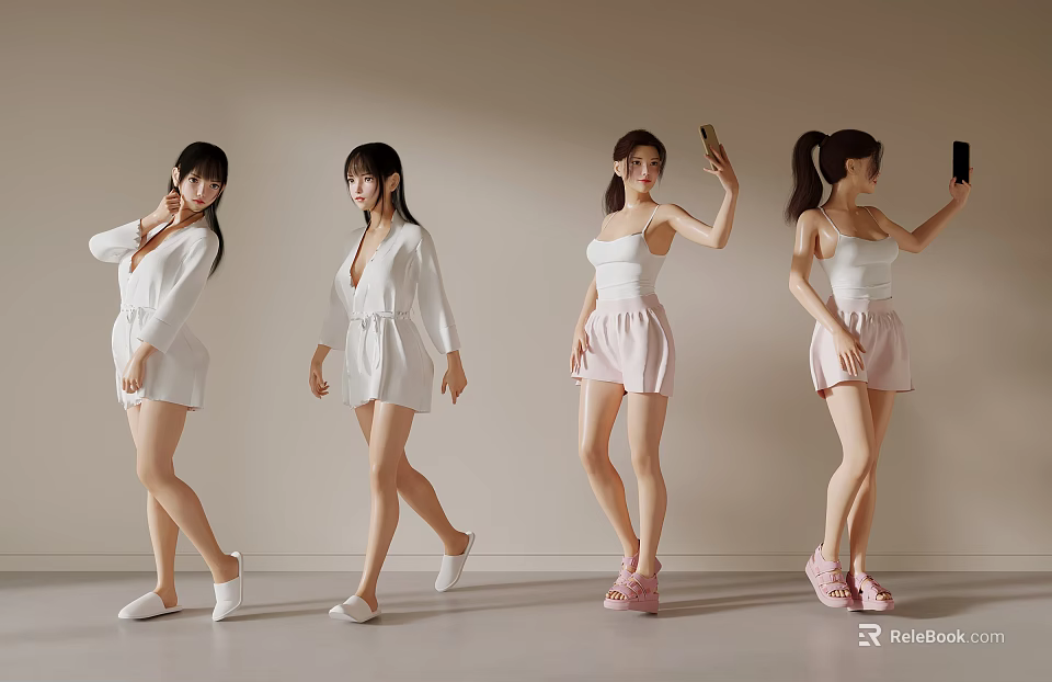 Group of Four Women in White Tops and Shorts Taking Selfies and Walking Indoors 3d model 