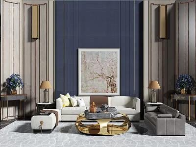 Modern White Sofa And Golden Coffee Table Set With Blue Wall Artwork Table Lamps And Plants 3d model
