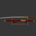 Traditional Japanese Katana Weapon with Red Scabbard and Gold Accents on Wooden Stand