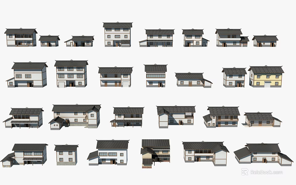 Traditional House Architectural Models With Various Roof Styles And Structures 3d model 