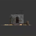 Miniature Shabby House Model Featuring Gray Roof Grid Vent Pipes Wooden Pallet On Sandy Ground