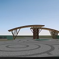 Modern Wooden Arch Entrance Gate In City Ecological Park With Circular Patterned Plaza Floor