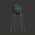 Industrial Style Water Tower With Blue Green Roof And Metal Frame Structure