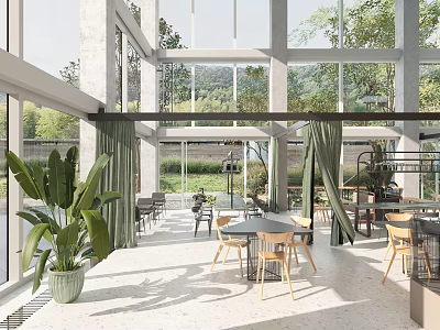Modern Cafe Interior With Large Windows Natural Light Green Plants And Scenic View 3d model