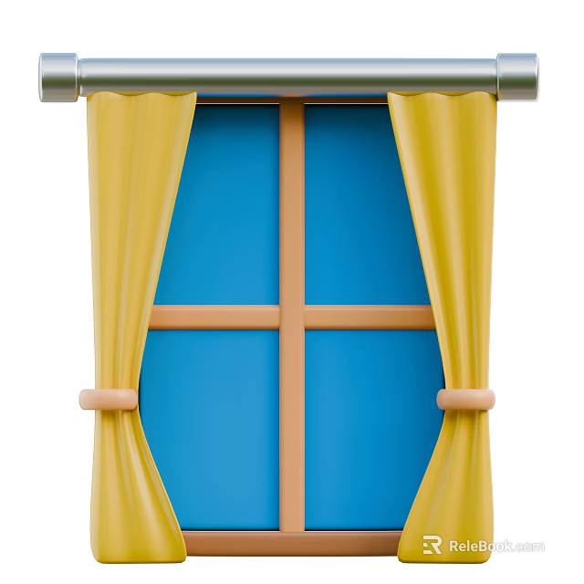 Yellow Curtains For Blue Window With Wooden Cross Frame And Curtain Rod 3d model 