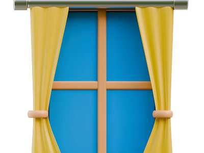 Yellow Curtains For Blue Window With Wooden Cross Frame And Curtain Rod 3d model