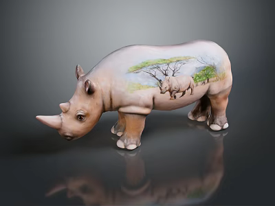 Decorative Rhinoceros Figurine With Painted Savanna Scene And Rhinoceros Image On Body 3d model