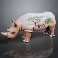 Decorative Rhinoceros Figurine With Painted Savanna Scene And Rhinoceros Image On Body