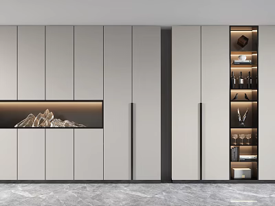 Modern Light Gray Decorative Cabinet with LED Lighting and Multiple Shelves for Displaying Ornaments and Storage 3d model