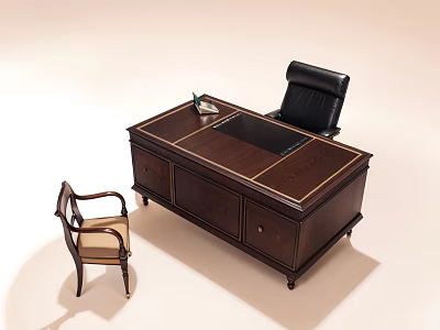 Dark Brown Executive Wooden Desk With Black Leather Chair And Light Beige Armchair 3d model