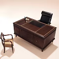 Dark Brown Executive Wooden Desk With Black Leather Chair And Light Beige Armchair