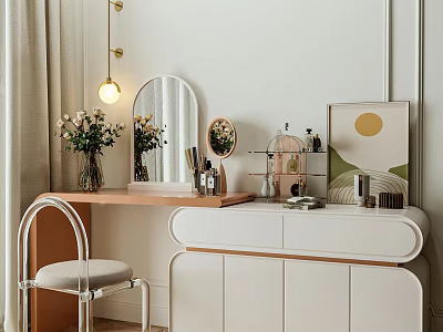 Modern Dressing Table Interior With White Cabinet Wooden Top Round Mirror And Flower Vase 3d model