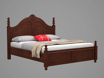 Classic Wooden Double Bed With Carved Headboard Decorative Posts And Comfortable Bedding 3d model