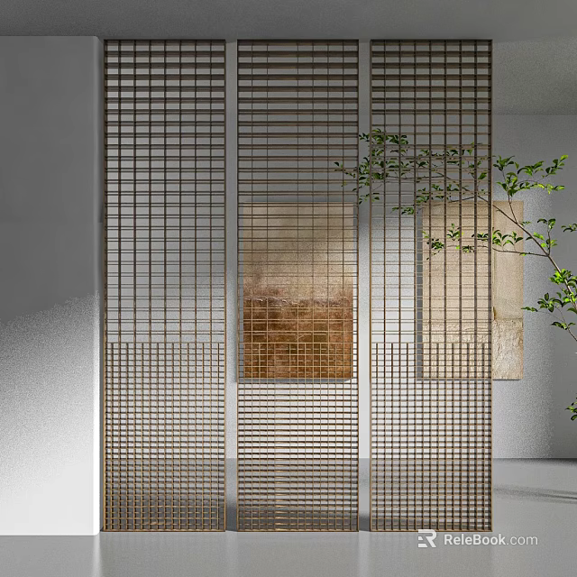 Modern Metal Lattice Partition Design With Green Plants And Wall Art 3d model 