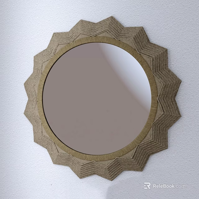 Round Mirror with Scalloped Woven Natural Frame Hanging on White Wall 3d model 