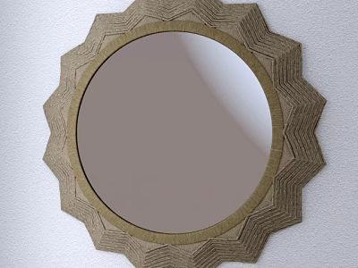 Round Mirror with Scalloped Woven Natural Frame Hanging on White Wall 3d model