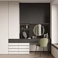 Modern White and Black Wardrobe With Dressing Table Area Round Mirror Green Chair and Drawers