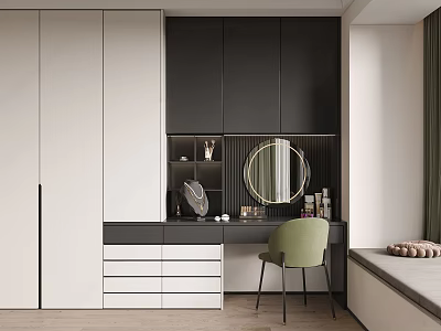 Modern White and Black Wardrobe With Dressing Table Area Round Mirror Green Chair and Drawers 3d model