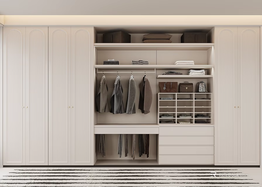 Modern White Wardrobe Interior Design With Hanging Space Shelves And Storage Drawers 3d model 