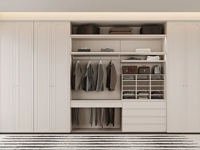 Modern White Wardrobe Interior Design With Hanging Space Shelves And Storage Drawers 3d model