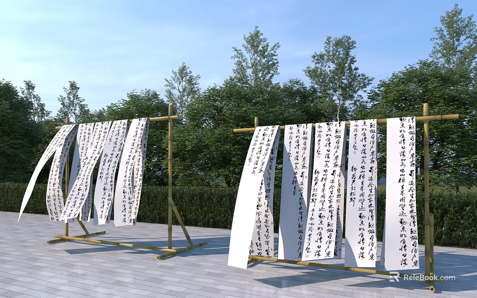 Elegant Garden Ornaments With White Scrolls And Black Calligraphy On Wooden Stands Against Green Trees 3d model 