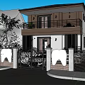 Two Story Modern Detached Villa Exterior With Balcony Front Gate And Greenery