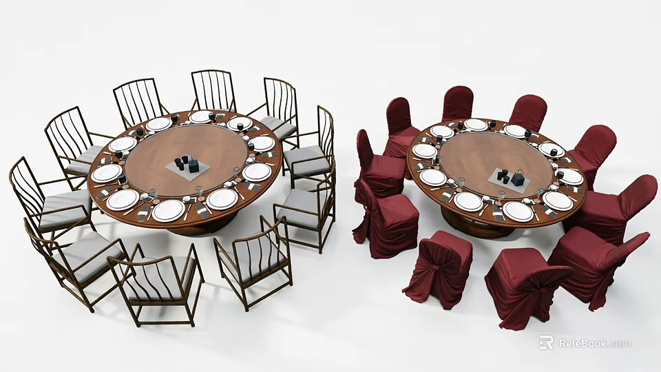 Round Dining Table Set With Light And Red Chairs White Plates And Covers 3d model 