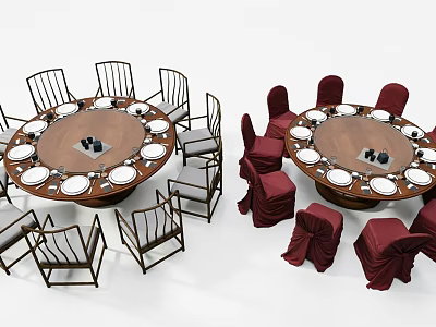 Round Dining Table Set With Light And Red Chairs White Plates And Covers 3d model