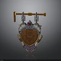 Decorative Shield With Wooden Panel Metal Accents Red Gem And Ornate Emblem