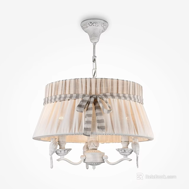 Elegant Classic Chandelier With Beige Gray Striped Lampshade And Bow Decoration 3d model 