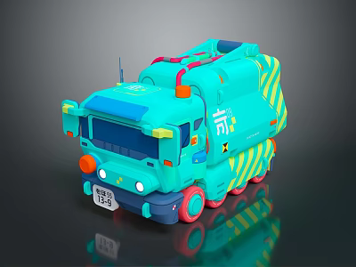 Turquoise Cartoon Garbage Truck With Yellow Stripes Red Wheels And Cute Design 3d model