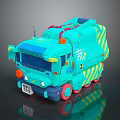 Turquoise Cartoon Garbage Truck With Yellow Stripes Red Wheels And Cute Design