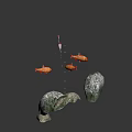 Vibrant Red Fish Floating Near Mossy Rocks With Fishing Line Details