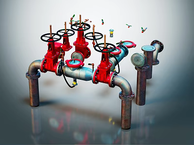 Industrial Red and Silver Pipes System With Valves and Mechanical Connections 3d model