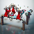 Industrial Red and Silver Pipes System With Valves and Mechanical Connections