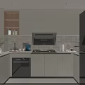 Modern Kitchen Interior With White Cabinets Black Refrigerator Stove And Tile Backsplash 3d model