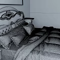 Classic Wooden Double Bed With Carved Headboard Gray Quilt Pillows Nightstands Scenic Painting