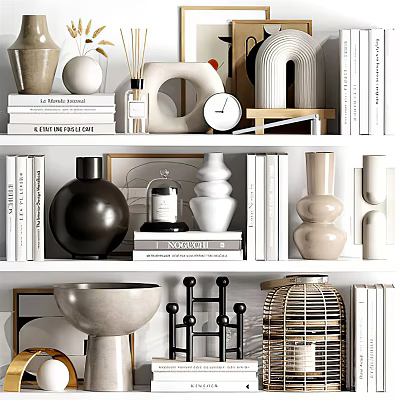 Modern Decorative Ornament Set With Vases Stacked Books Clock And Sculptures For Home Shelf 3d model