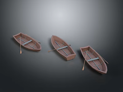 Three Classic Wooden Rowing Boats with Oars Arranged on Gray Background 3d model