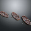 Three Classic Wooden Rowing Boats with Oars Arranged on Gray Background