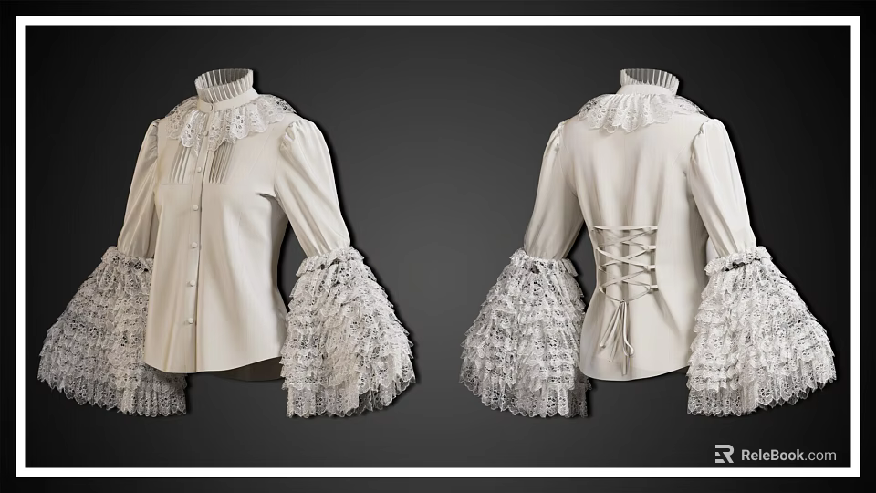 Elegant White Blouse with High Neck Lace Collar Cuffs and Back Lacing Detail 3d model 